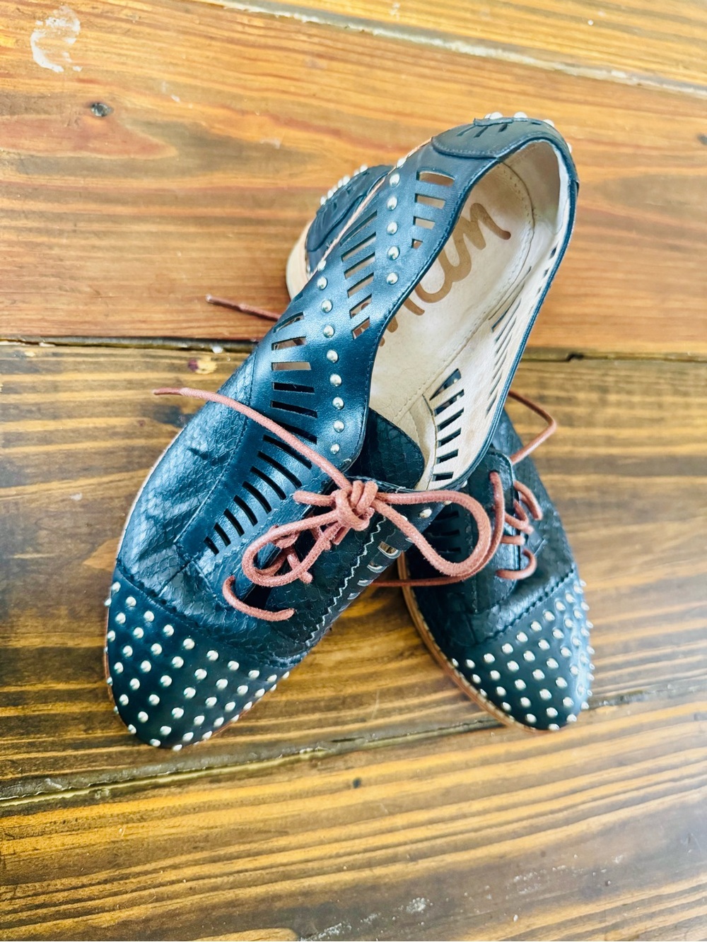 Sam Edelman Black Studded Cutout Lace-Up Flats with Brown Laces
